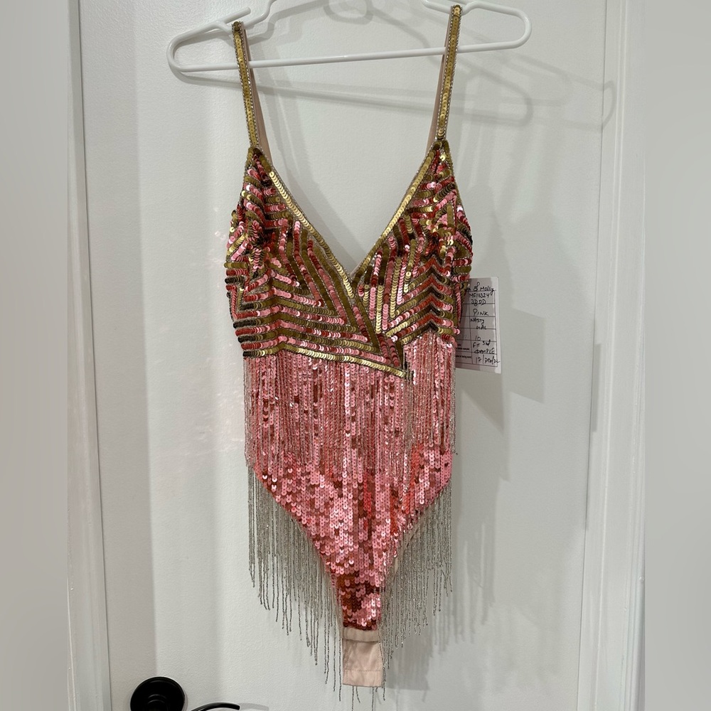 Pink Nasty Gal Sequin & Beaded Sz 10 one piece body suit